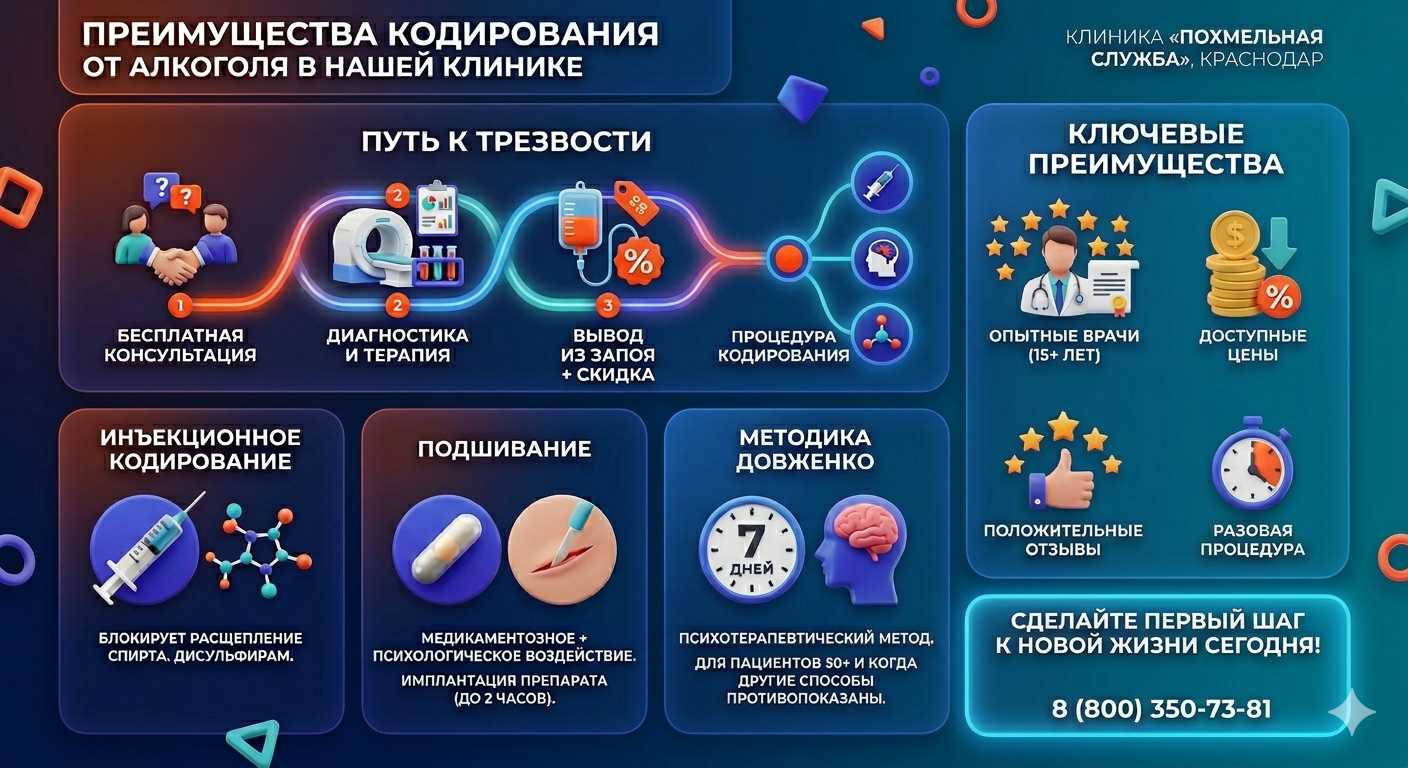 Инфографика о методах кодирования от алкоголя в Карпинске: инъекции, подшивание, метод Довженко. Преимущества клиники и этапы лечения.