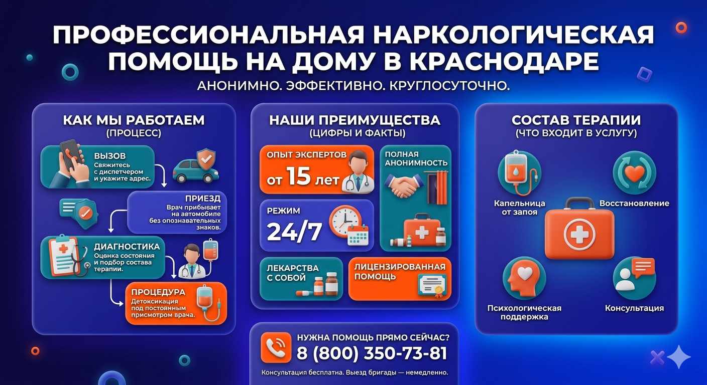 Инфографика о принципах лечения алкоголизма на дому в Карпинске: этапы вызова нарколога, преимущества анонимной детоксикации и состав медицинской помощи.